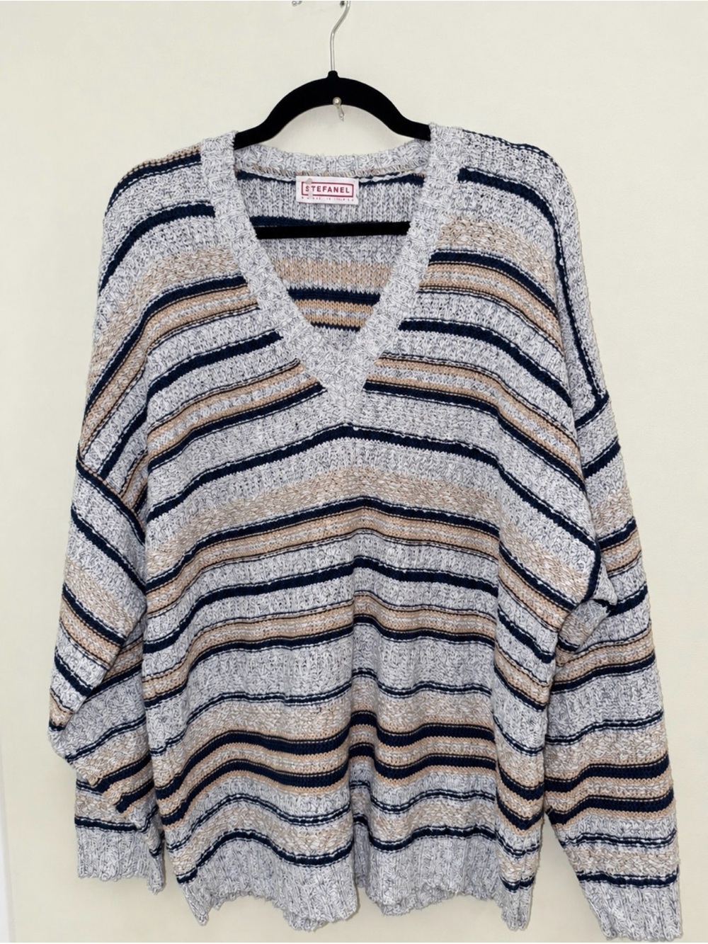 Vintage STEFANEL Italy Oversized V-Neck Striped Knit Sweater Slouchy